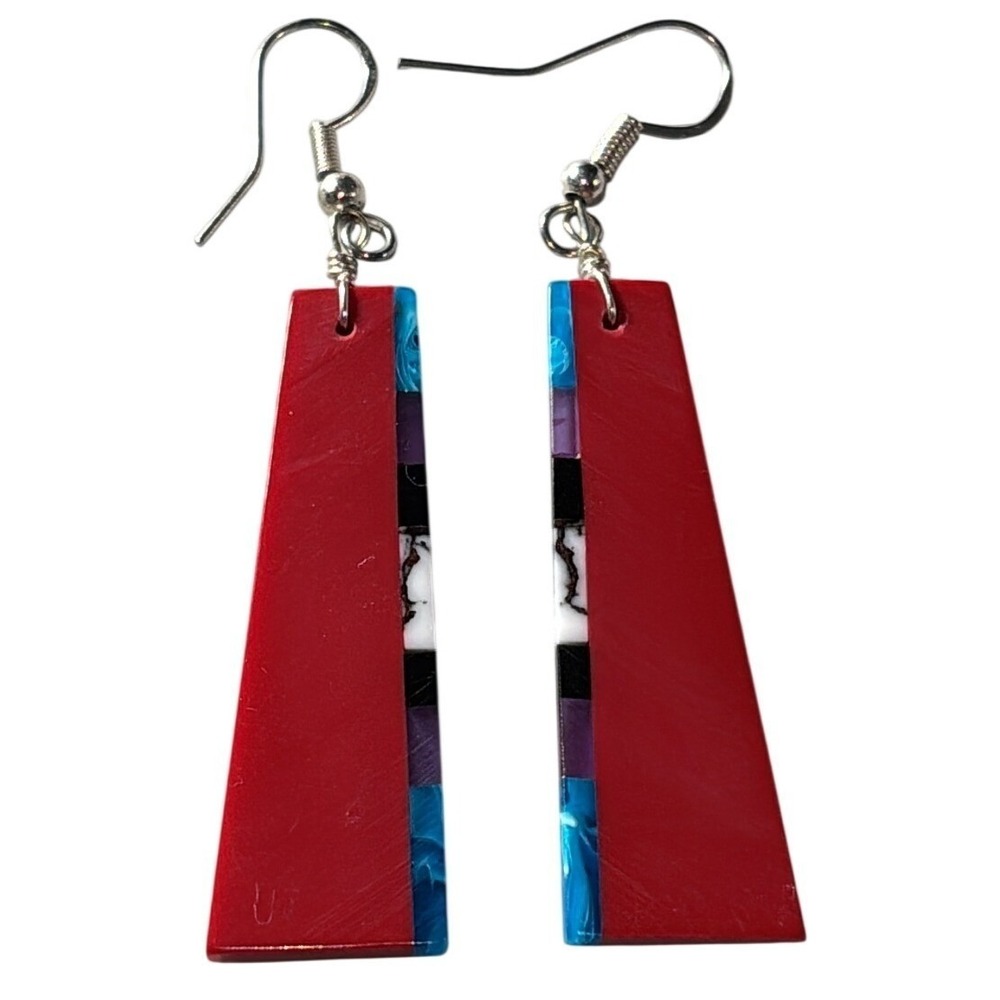 Handmade Multicolor Inlay Slab Geometric Drop Earrings Striped Accent